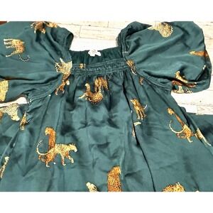 Womens Entro Cheetah animal AOP Green Puff Sleeve Tiered Mini Dress SMALL